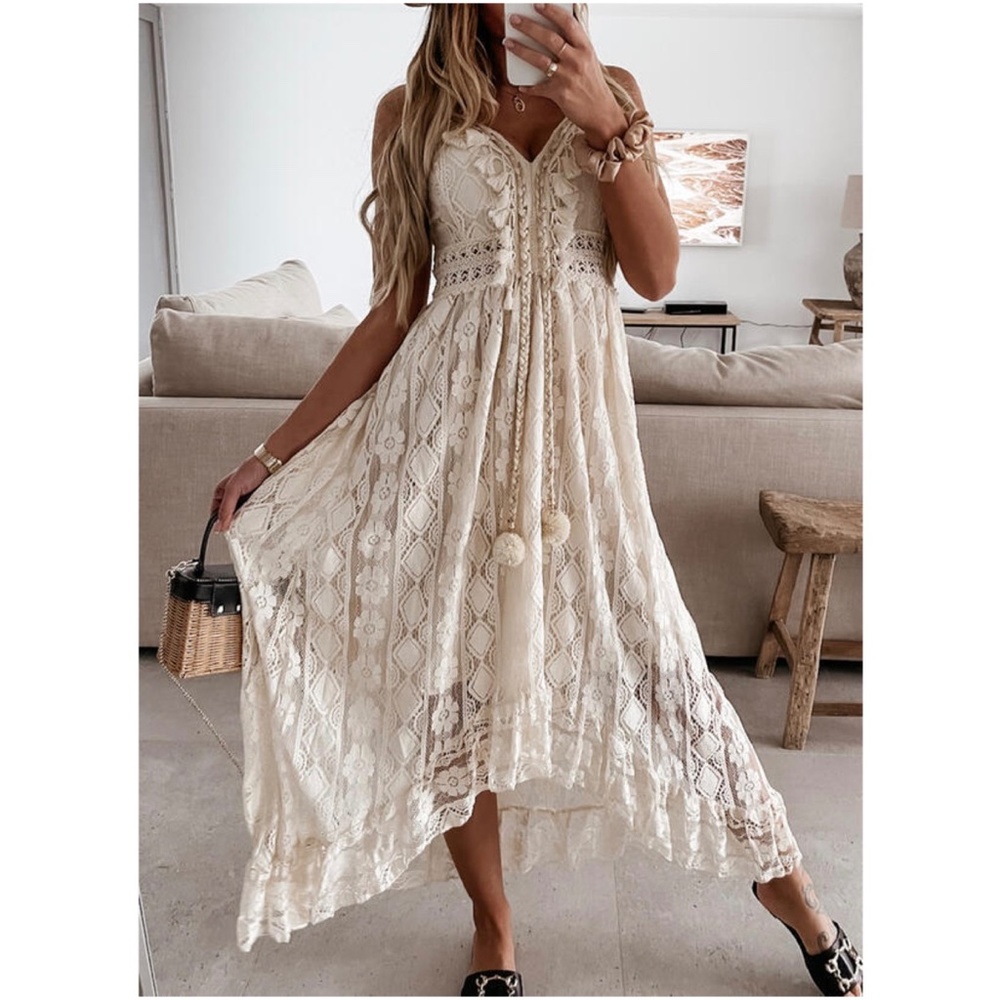 01 Boho Embroidered Floral Tassel Lace Cami Maxi Dress - Picture 2 of 10
